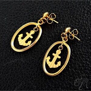 Anchor Vintage Nautical Gold Tone Stud Dangle Earrings